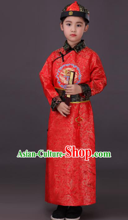 Traditional Chinese Qing Dynasty Children Emperor Costume, China Manchu Prince Red Embroidered Dragon Robe for Kids