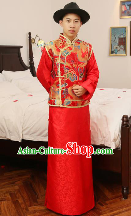 Ancient Chinese Qing Dynasty Wedding Costume China Traditional Bridegroom Embroidered Toast Clothing for Men