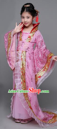 Traditional Chinese Tang Dynasty Imperial Concubine Costume, China Ancient Palace Lady Hanfu Embroidered Pink Dress for Kids