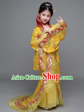 Traditional Chinese Tang Dynasty Imperial Concubine Costume, China Ancient Palace Lady Hanfu Embroidered Yellow Dress for Kids