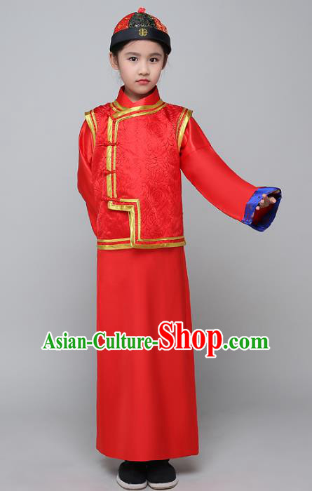 Traditional Ancient Chinese Qing Dynasty Children Prince Costume, China Manchu Bridegroom Mandarin Embroidered Robe for Kids