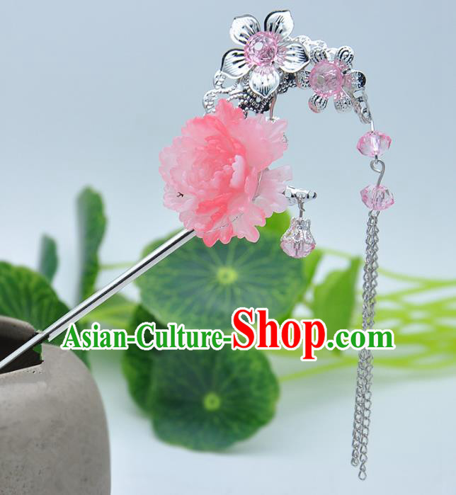 Traditional Handmade Chinese Ancient Classical Hair Accessories Pink Flower Hairpins Tassel Step Shake for Kids