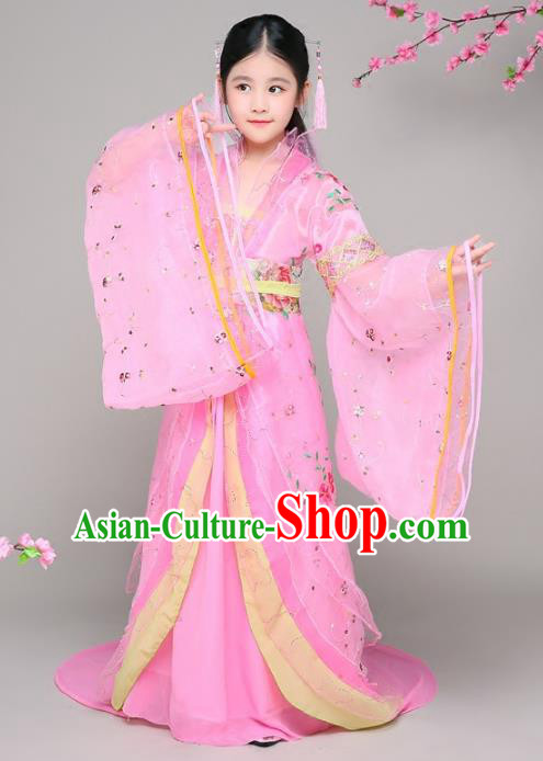 Traditional Chinese Tang Dynasty Children Imperial Concubine Costume, China Ancient Palace Lady Hanfu Embroidered Clothing for Kids