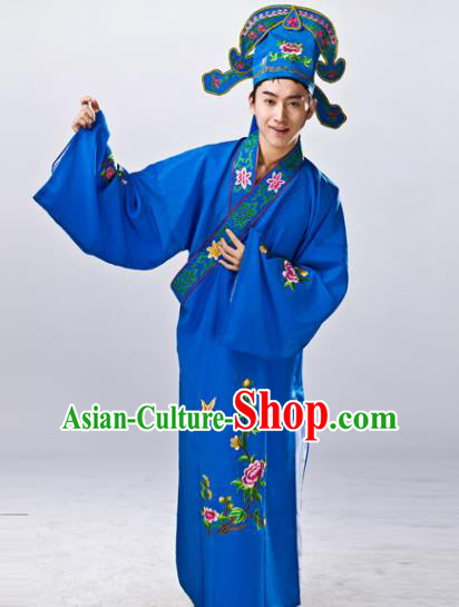 Traditional China Beijing Opera Costume Gifted Scholar Blue Embroidered Robe, Chinese Peking Opera Niche Embroidery Clothing