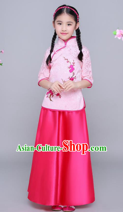 Traditional Chinese Republic of China Children Clothing, China National Embroidered Wintersweet Pink Blouse and Skirt for Kids