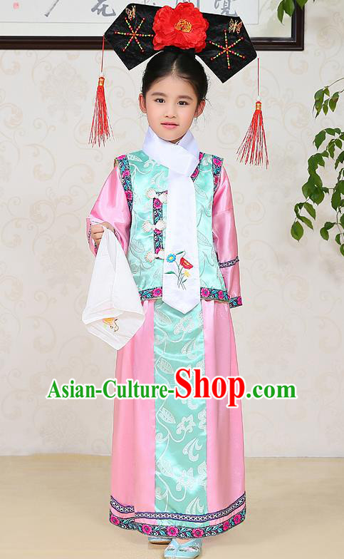 Traditional Chinese Qing Dynasty Children Princess Pink Costume, China Manchu Palace Lady Embroidered Clothing for Kids