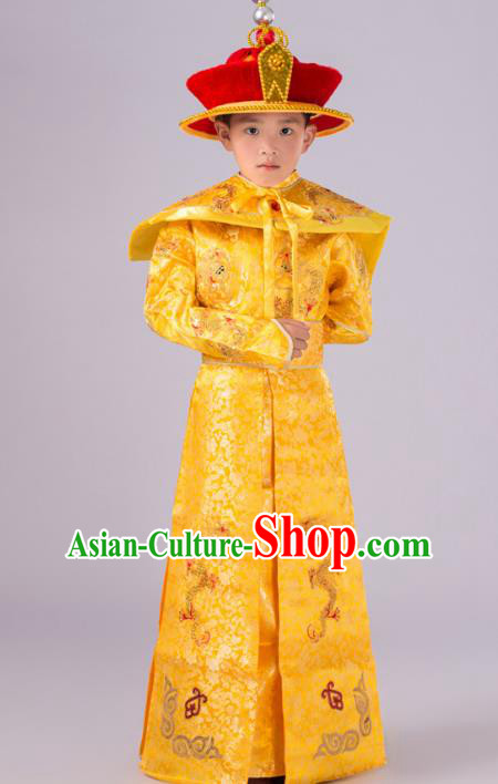 Traditional Chinese Qing Dynasty Children Emperor Costume, China Manchu Majesty Embroidered Dragon Robe for Kids