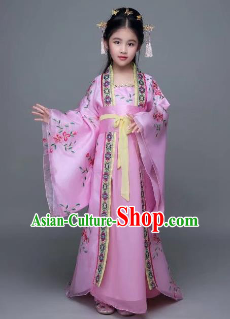 Traditional Chinese Tang Dynasty Palace Lady Pink Costume, China Ancient Imperial Concubine Hanfu Trailing Dress for Kids