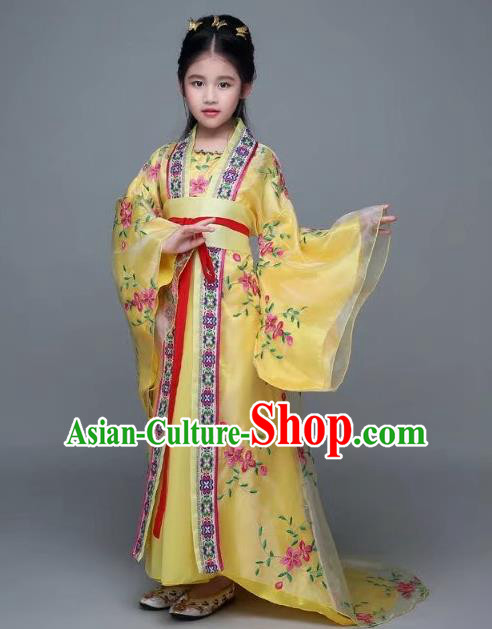 Traditional Chinese Tang Dynasty Palace Lady Yellow Costume, China Ancient Imperial Concubine Hanfu Trailing Dress for Kids