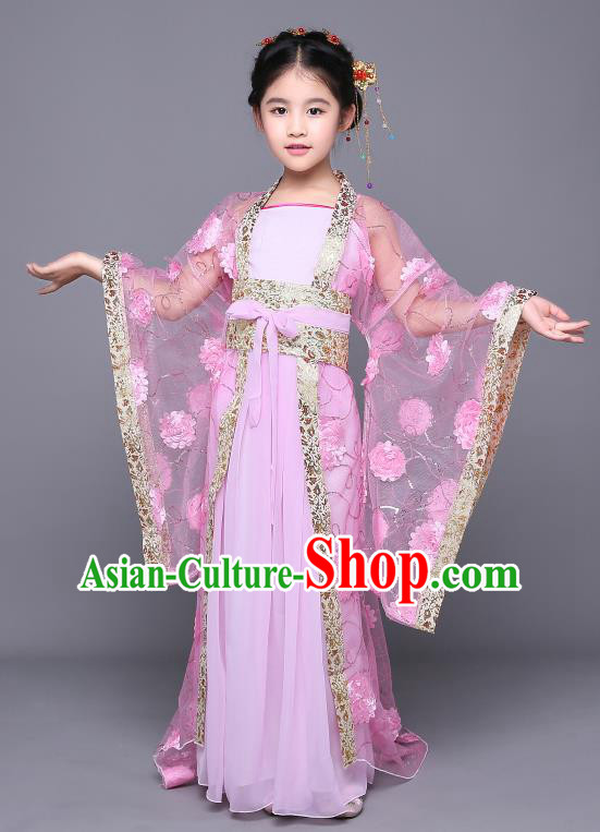 Traditional Chinese Tang Dynasty Imperial Concubine Embroidered Pink Costume, China Ancient Palace Lady Hanfu Clothing for Kids