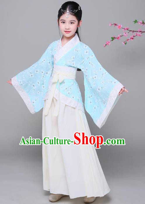 Traditional Chinese Han Dynasty Children Costume, China Ancient Princess Hanfu Blue Curving-front Robe for Kids