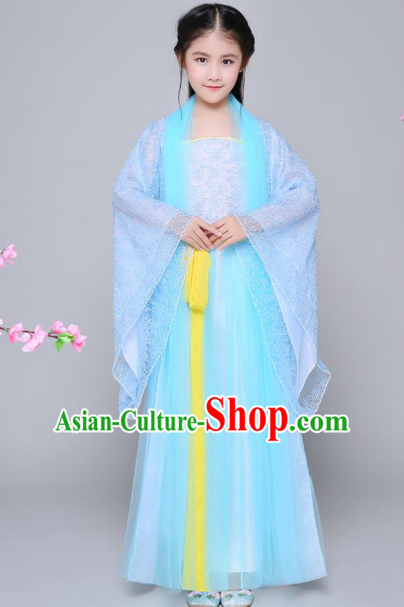 Traditional Chinese Tang Dynasty Palace Princess Costume, China Ancient Fairy Hanfu Embroidered Blue Dress for Kids