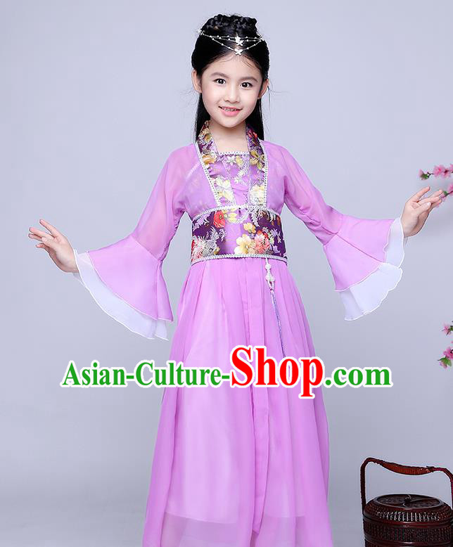 Traditional Chinese Tang Dynasty Seven Fairy Costume Ancient Princess Purple Dress Clothing for Kids