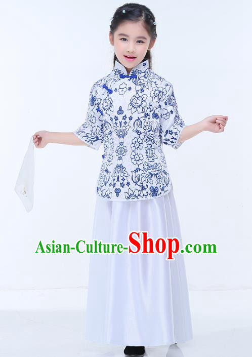 Traditional Chinese Republic of China Children Clothing, China National Embroidered White Blouse and Skirt for Kids