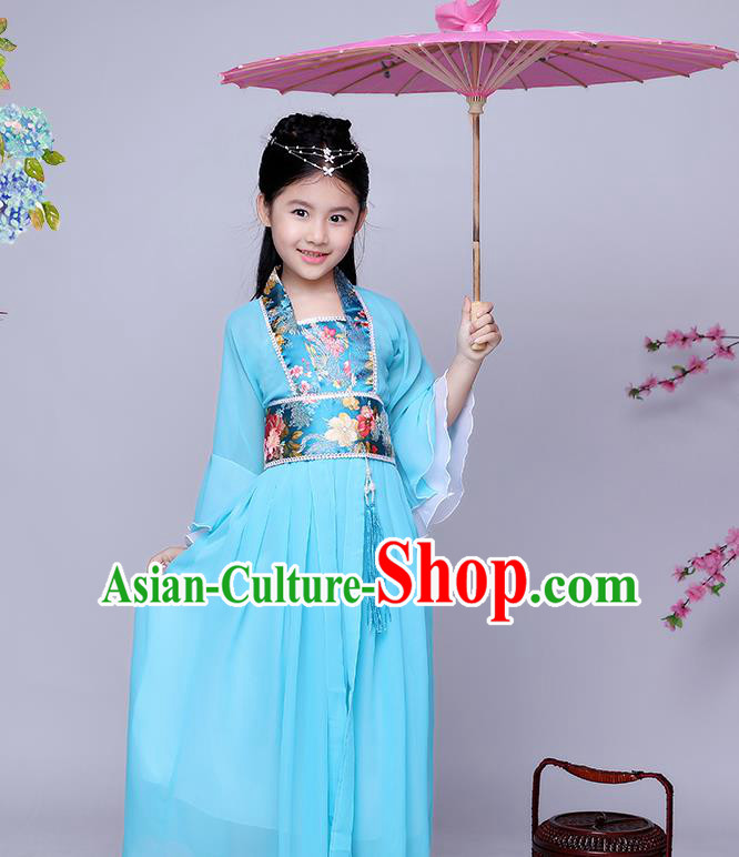 Traditional Chinese Tang Dynasty Seven Fairy Costume Ancient Princess Blue Dress Clothing for Kids