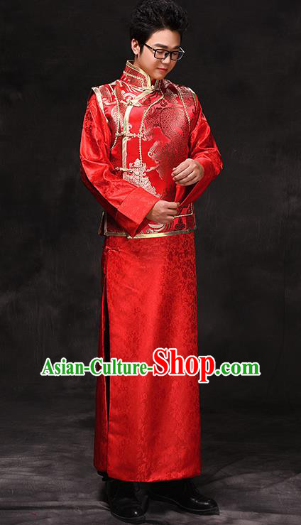 Ancient Chinese Qing Dynasty Wedding Costume China Traditional Bridegroom Embroidered Toast Clothing for Men