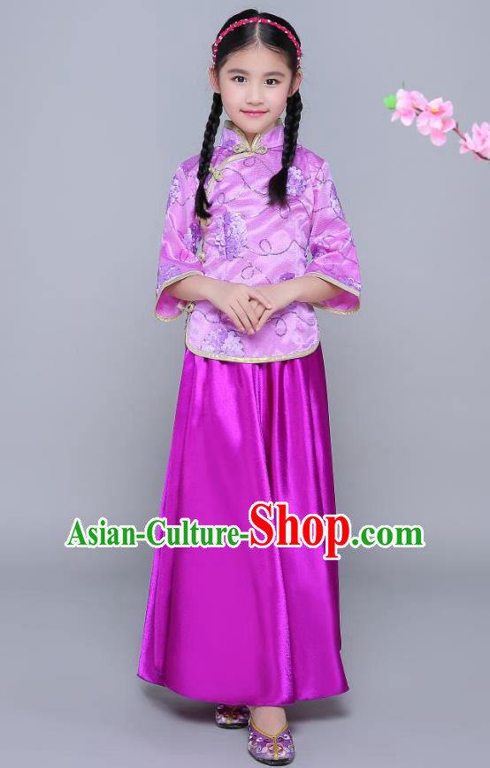 Traditional Chinese Republic of China Nobility Lady Clothing, China National Embroidered Purple Blouse and Skirt for Kids