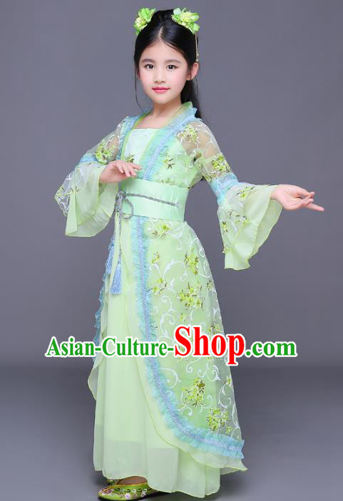 Traditional Chinese Ancient Palace Princess Costume, China Tang Dynasty Palace Lady Hanfu Green Dress for Kids