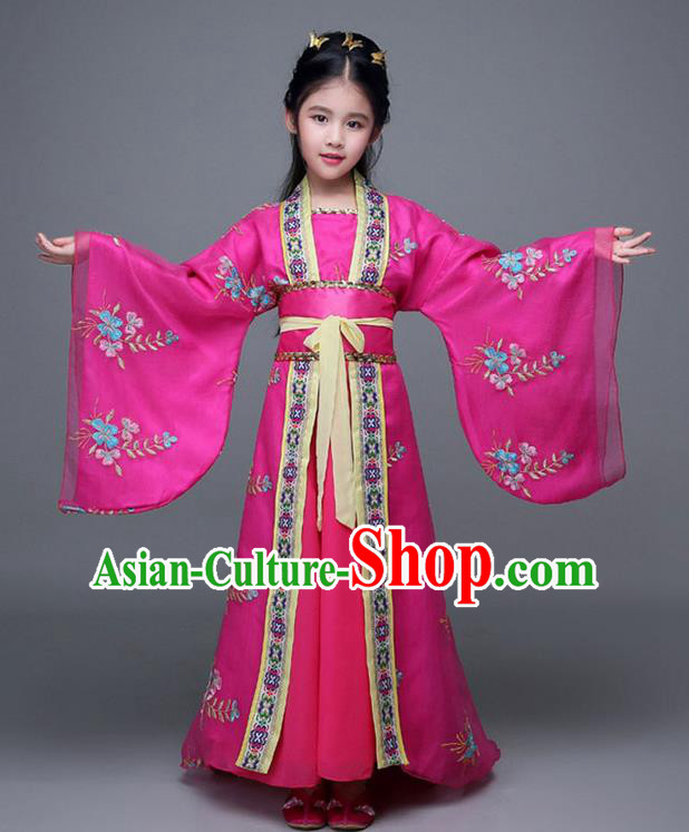Traditional Chinese Ancient Imperial Consort Rosy Costume, China Tang Dynasty Palace Princess Hanfu Embroidered Clothing for Kids