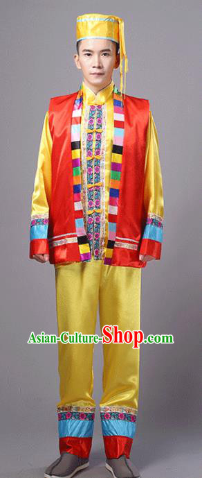 Traditional Chinese Miao Nationality Dance Yellow Costume, Hmong Folk Dance Minority Embroidery Clothing for Men