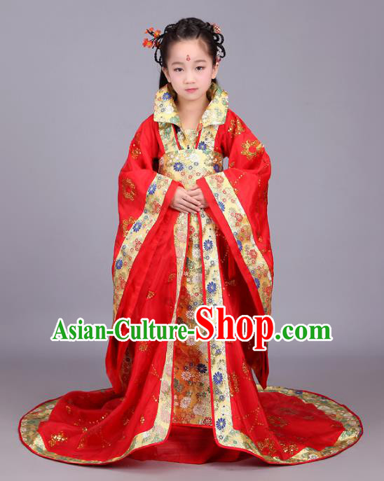 Traditional Chinese Tang Dynasty Palace Lady Red Costume, China Ancient Imperial Consort Hanfu Trailing Dress Clothing for Kids