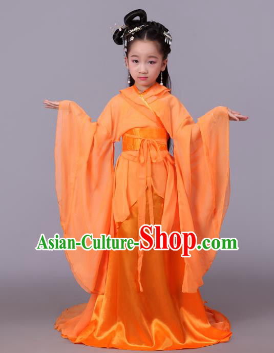 Traditional Chinese Tang Dynasty Palace Lady Orange Costume, China Ancient Imperial Consort Hanfu Trailing Dress Clothing for Kids