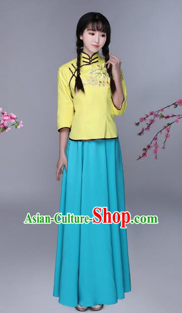 Traditional Chinese Republic of China Nobility Lady Clothing, China National Embroidered Yellow Blouse and Skirt for Women