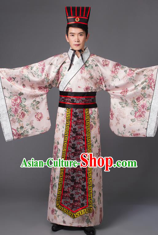 Traditional Chinese Han Dynasty Prime Minister Costume, China Ancient Chancellor Hanfu Pink Embroidered Robe Clothing for Men