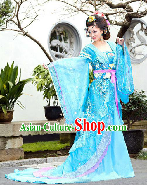 Traditional Ancient Chinese Imperial Consort Blue Costume, China Tang Dynasty Palace Lady Trailing Embroidered Clothing for Women