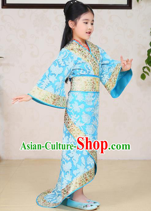 Traditional Chinese Han Dynasty Palace Lady Costume Blue Curving-front Robe, China Ancient Princess Hanfu Clothing for Kids