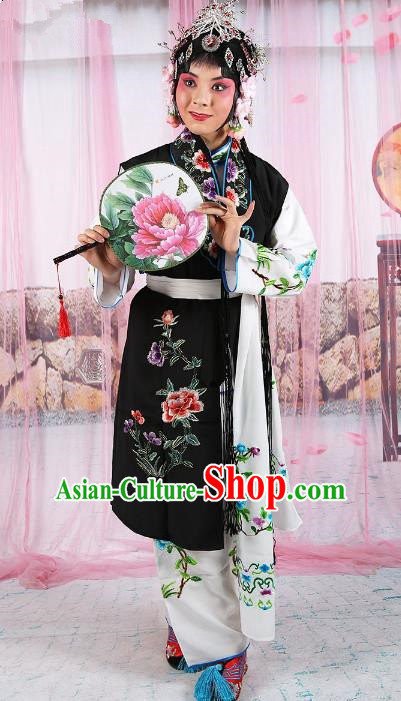 Chinese Beijing Opera Servant Girl Black Embroidered Costume, China Peking Opera Actress Embroidery Clothing