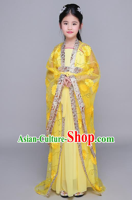Traditional Chinese Tang Dynasty Fairy Palace Lady Costume, China Ancient Princess Hanfu Yellow Dress Clothing for Kids