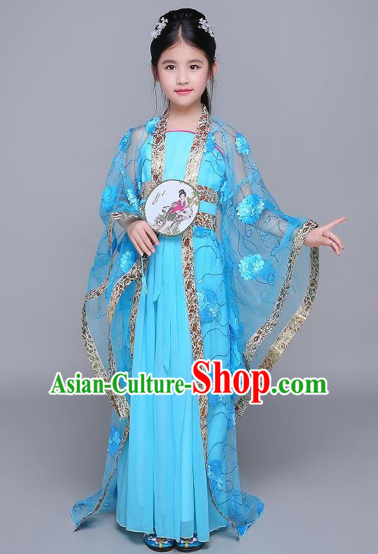 Traditional Chinese Tang Dynasty Fairy Palace Lady Costume, China Ancient Princess Hanfu Blue Dress Clothing for Kids