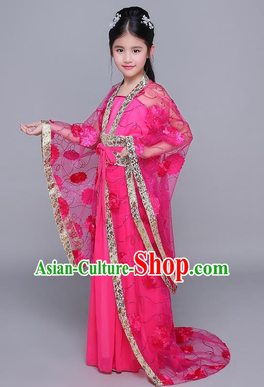 Traditional Chinese Tang Dynasty Fairy Palace Lady Costume, China Ancient Princess Hanfu Rosy Dress Clothing for Kids