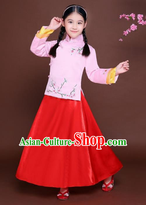 Traditional Chinese Republic of China Nobility Lady Clothing, China National Embroidered Peach Blossom Blouse and Skirt for Kids