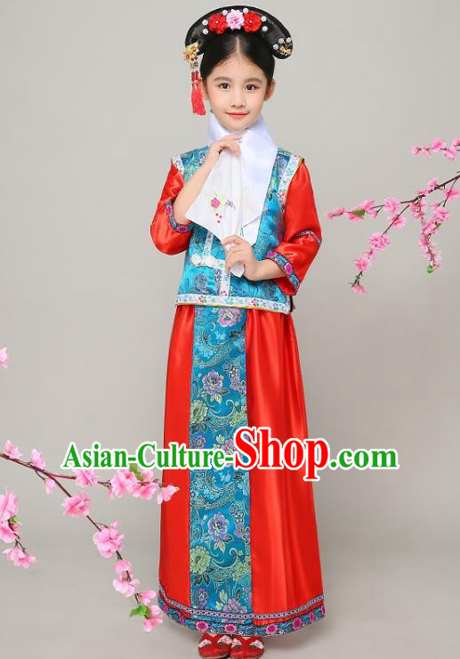 Traditional Chinese Qing Dynasty Court Princess Red Costume, China Manchu Palace Lady Embroidered Clothing for Kids