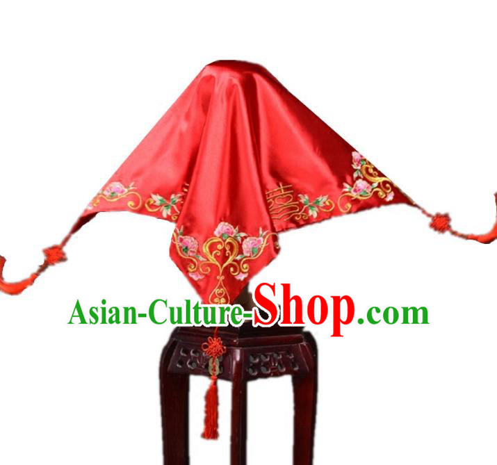 Traditional Handmade Chinese Classical Hair Accessories Wedding Red Bridal Veil for Women