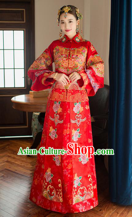 Chinese Traditional Bride Xiuhe Suit Costume China Ancient Wedding Cheongsam Embroidered Peony Clothing for Women