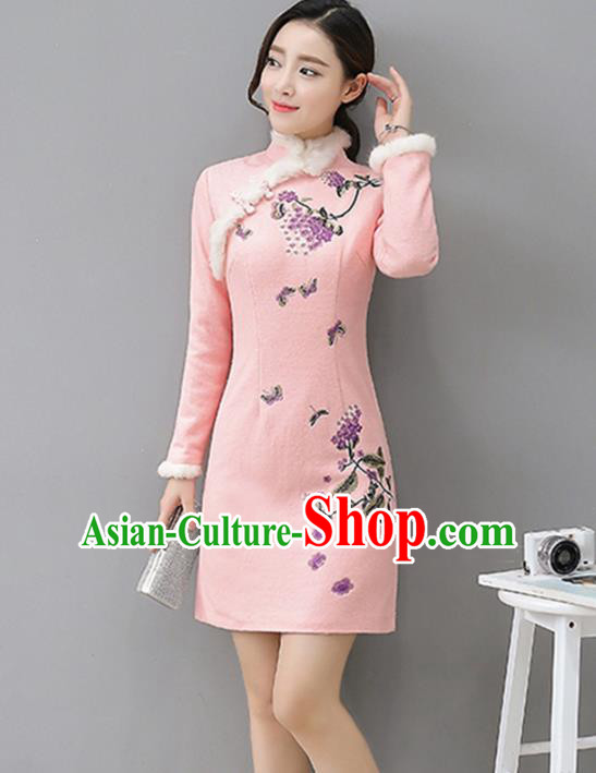 Traditional Chinese National Costume Hanfu Pink Embroidered Qipao Dress, China Tang Suit Cheongsam for Women