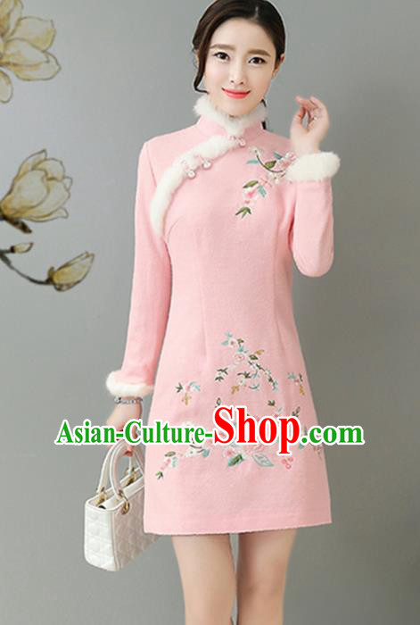 Traditional Chinese National Costume Hanfu Pink Embroidered Qipao, China Tang Suit Cheongsam Dress for Women