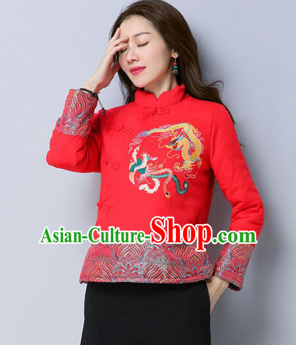 Traditional Chinese National Costume Hanfu Embroidered Dragons Red Cotton-padded Jacket, China Tang Suit Coat for Women