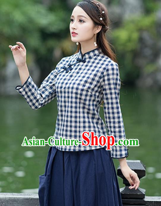 Traditional Chinese National Costume Hanfu Plated Buttons Navy Blouse, China Tang Suit Cheongsam Upper Outer Garment Shirt for Women