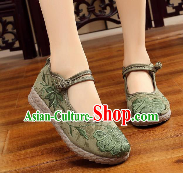 Asian Chinese Green Cloth Embroidered Shoes, Traditional China Princess Shoes Hanfu Embroidery Shoes for Women