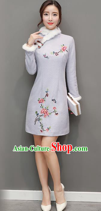 Traditional Chinese National Costume Hanfu Embroidered Butterfly Peony Grey Qipao Dress, China Tang Suit Cheongsam for Women