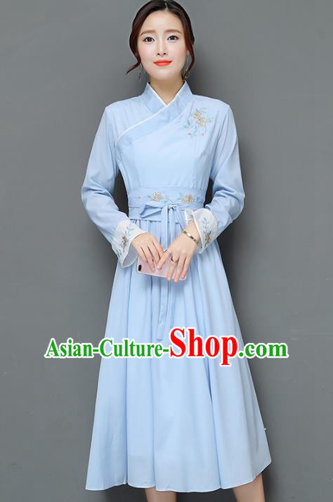 Traditional Chinese National Costume Hanfu Embroidered Blue Dress, China Tang Suit Cheongsam for Women