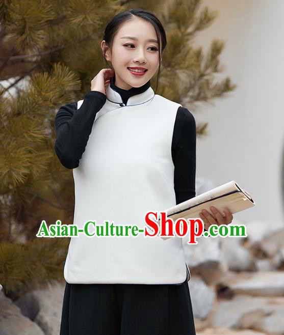 Traditional Chinese National Costume Hanfu Slant Opening White Wool Vests, China Tang Suit Waistcoat for Women