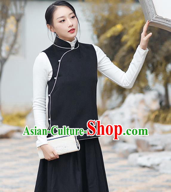 Traditional Chinese National Costume Hanfu Slant Opening Black Wool Vests, China Tang Suit Waistcoat for Women