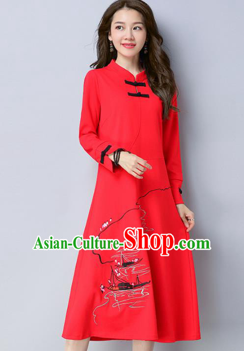 Traditional Chinese National Costume Hanfu Embroidered Red Qipao Dress, China Tang Suit Cheongsam for Women