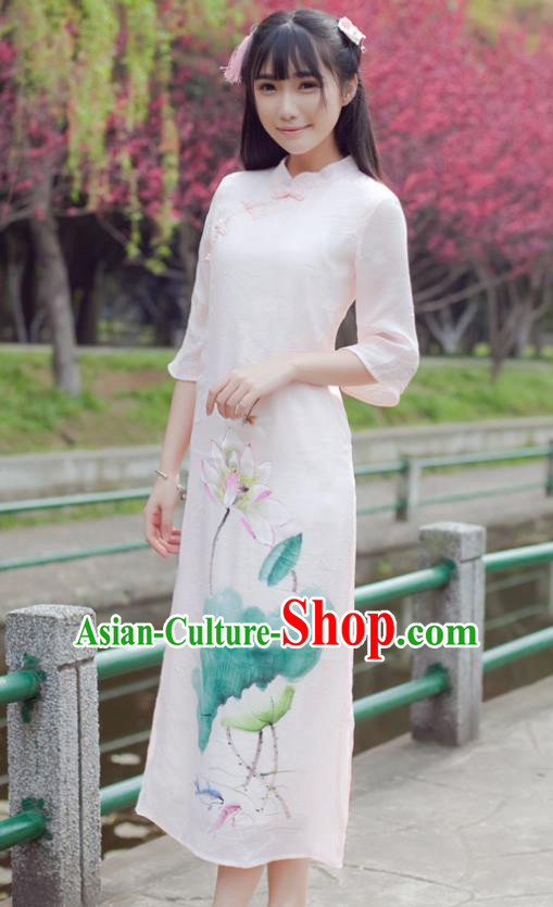 Traditional Chinese National Costume Hanfu Printing Lotus Pink Qipao, China Tang Suit Cheongsam Dress for Women