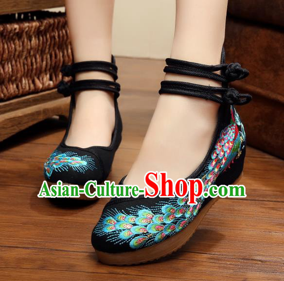 Asian Chinese National Black Embroidered Peacock Shoes, Traditional China Princess Shoes Hanfu Embroidery Shoes for Women